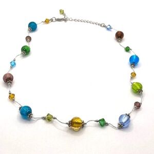 Necklace Glass Beads Silver Tone Chain 18.5” +3”